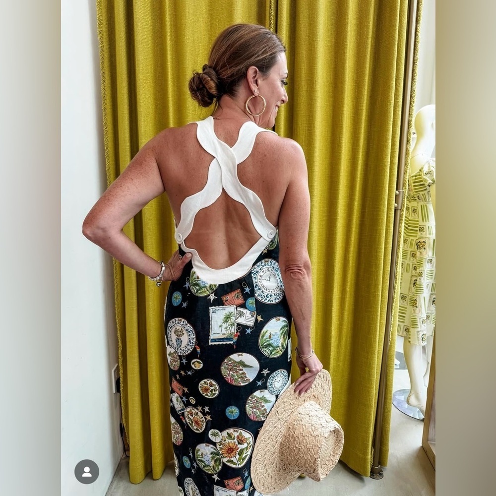 🎉SUPER RARE🎉 Farm Rio NWT Anthropologie Linen Scallop-Trim Slim Midi Dress XS - Picture 5 of 16